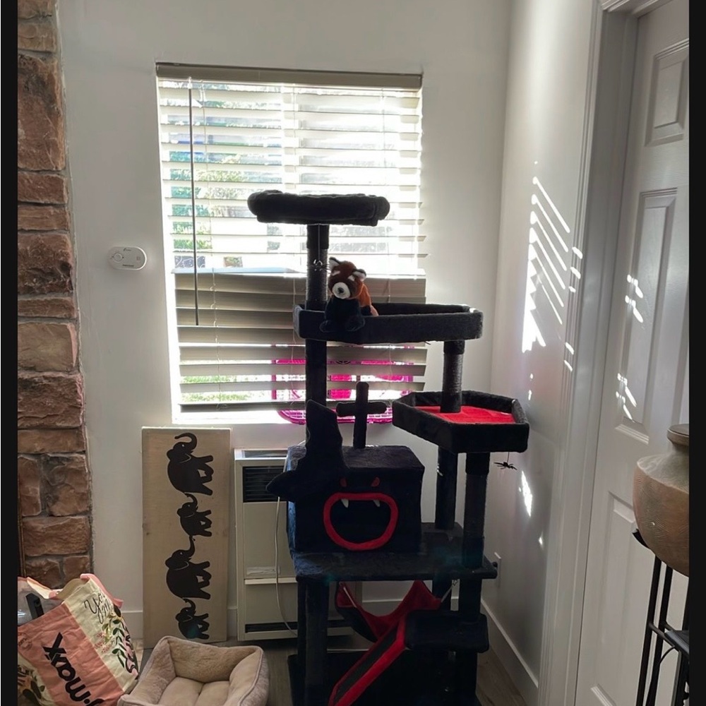 Multi-Level Black Cat Tree with Red Accents
